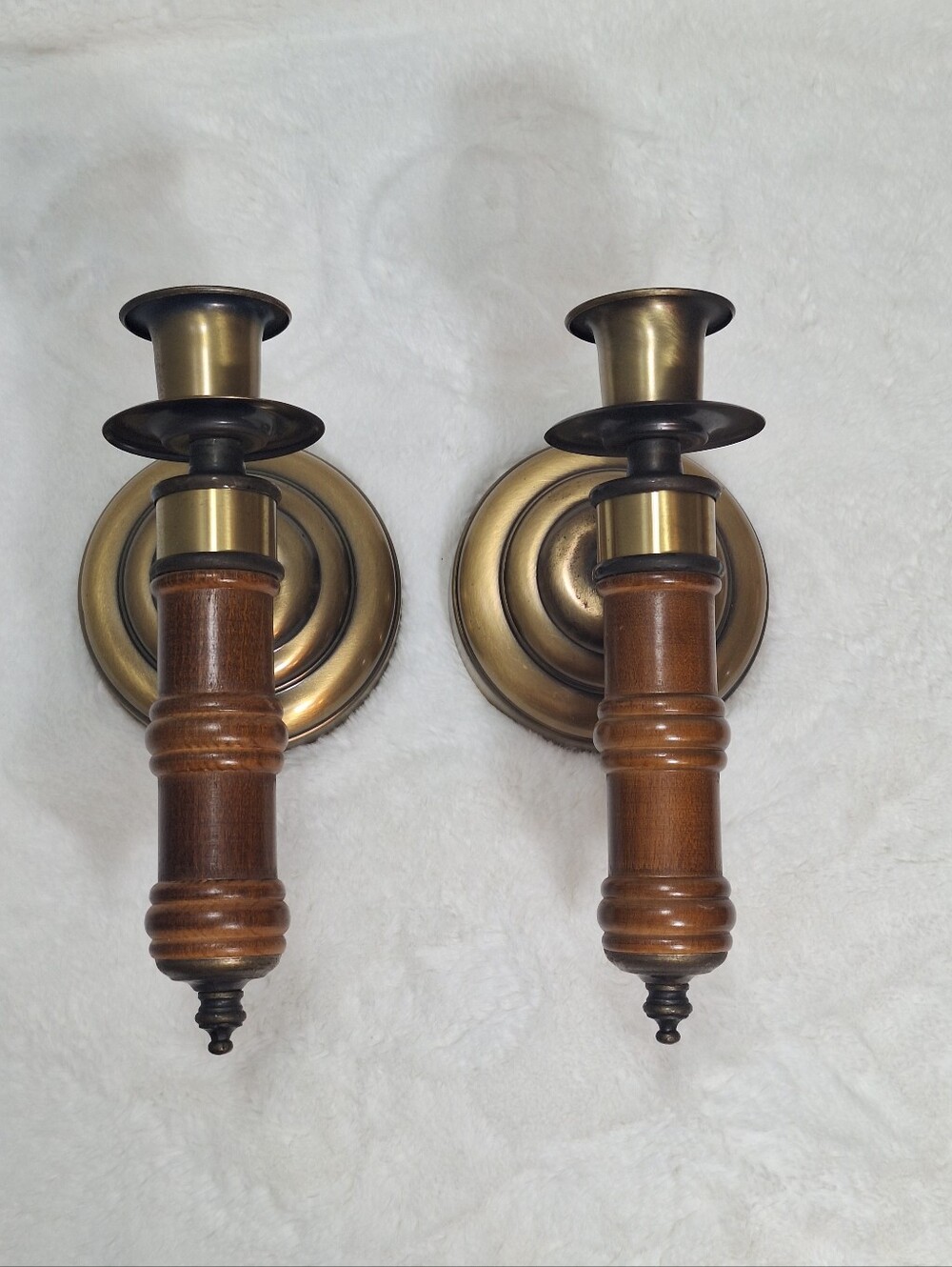 Vtg Set Of 2 Homco Wood & Antique Brass Tone Wall Sconces Candlestick Holders